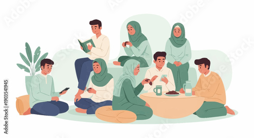 Group of people in casual clothing gathered around a low table outdoors reading and socializing together