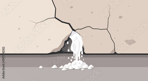 Water leaks from a cracked concrete wall onto a pile of debris