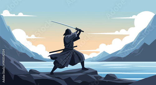Warrior with sword stands on rocks by water, mountains in distance