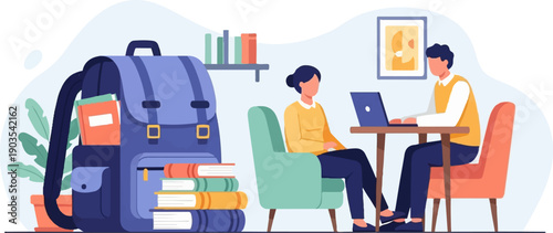 Two people study and work at a table with a large backpack and books