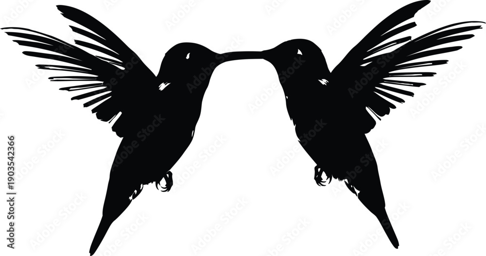Fototapeta premium Silhouette of two hummingbirds facing each other in mid air
