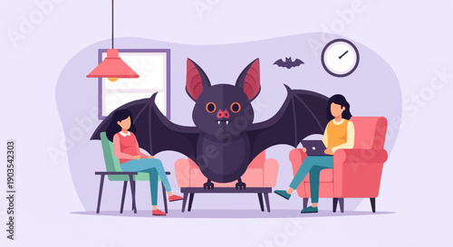 Two women sit in a room with a giant bat hanging over them