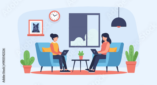 Two women sit in chairs working on laptops in a room