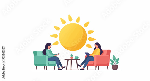 Two women sit in armchairs, talking under a bright sun