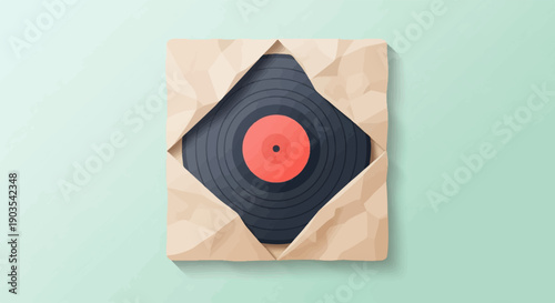 Vintage vinyl record peeking from crumpled paper on light blue background