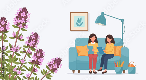Two women sit on a sofa, one reading, in a room with plants and a lamp