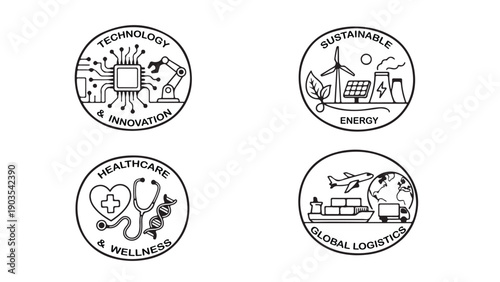Set of Four Professional Line Art Icons for Technology, Sustainable Energy, Healthcare and Global Logistics