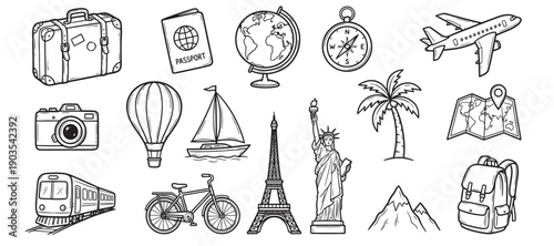 Travel Icon Set Hand Drawn Sketch Style with Landmarks, Passport, Suitcase and Transportation