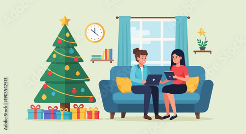 Two women use laptops while sitting on a sofa near a decorated Christmas tree and presents