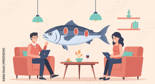 Two people sit on sofas, each with a laptop, while a fish floats between them