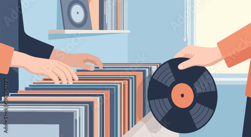 Two people select vinyl records from a shelf, one holds a disc