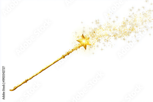 Magic wand with golden star and glowing shiny trail on white background. Fantasy wizard spell stick with glow wave trace. Fairytale magician rod with twinkle streak.	