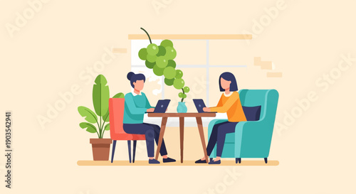 Two women work on laptops in a relaxed indoor setting with plants