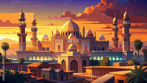 Very beautiful sunset light bathes the Mosque-Madrasa of Sultan Hassan, highlighting Islamic architecture against Cairo’s historic skyline, where sacred design meets the glowing atmosphere of the city