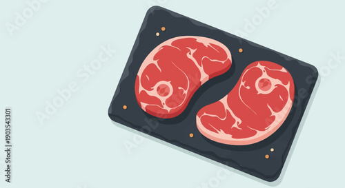 Two raw steaks seasoned with peppercorns on a dark serving board