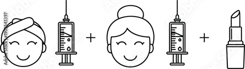 Beauty treatment process icons with smiling woman face syringe injections and cosmetic product bottle minimal outline vector illustration