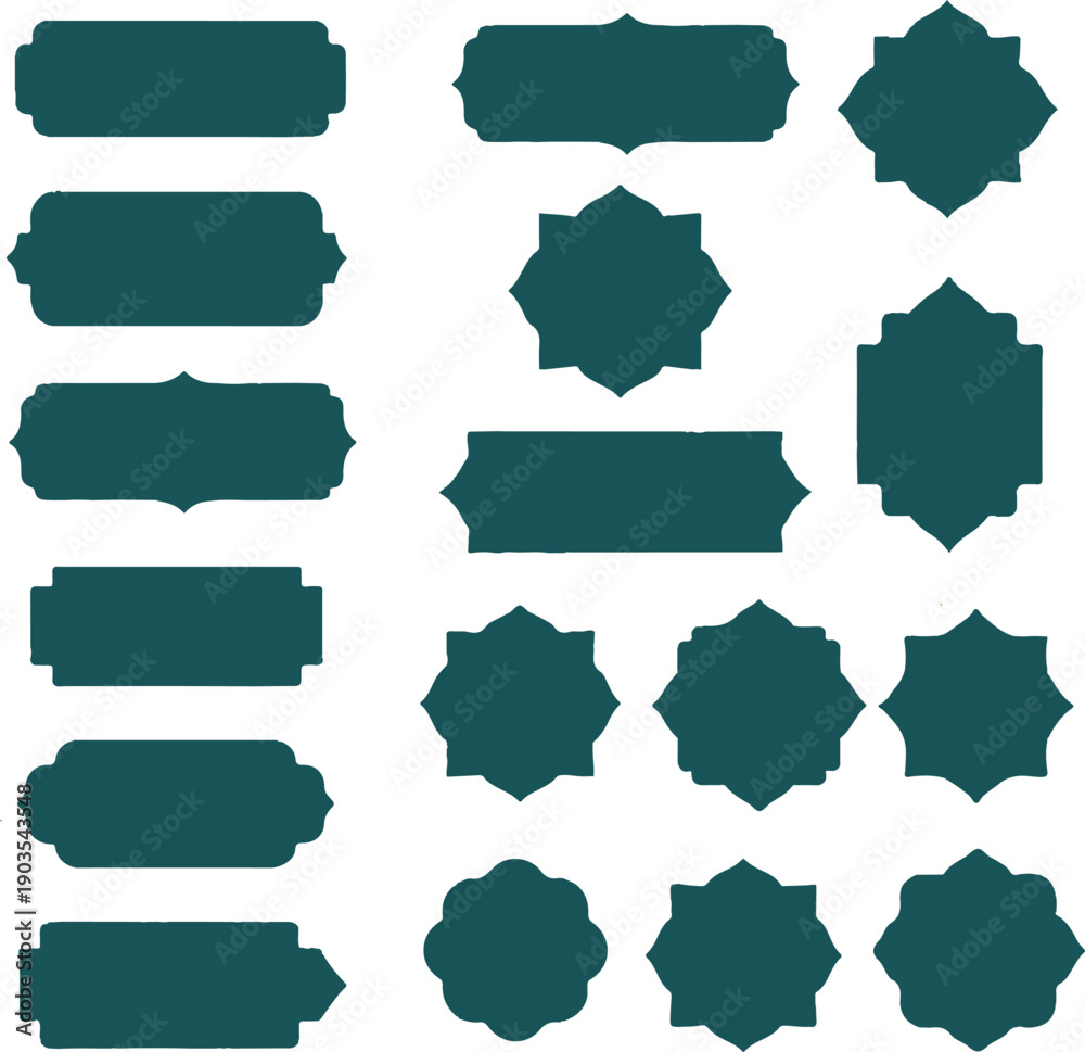 Fototapeta premium Teal Architectural Badge and Frame Set: Elongated Geometric Labels, Ornate Starburst Silhouettes, and Professional Scalloped Frame Icons