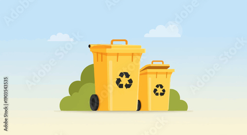 Two yellow recycling bins under a blue sky with clouds
