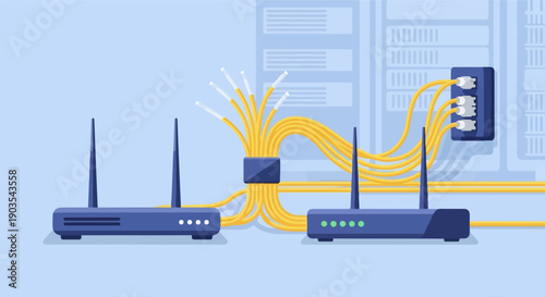 Two routers connected to a server rack with fiber optic cables