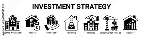 Investment Strategy web banner icon vector illustration concept with icon of estate investment, assets, property investment, portfolio, funding, construction finance, and growth.
