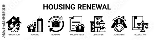 Housing Renewal web banner icon vector illustration concept with icon of renovation, housing, renewal, housing plan, developer, agreement, and regulation.