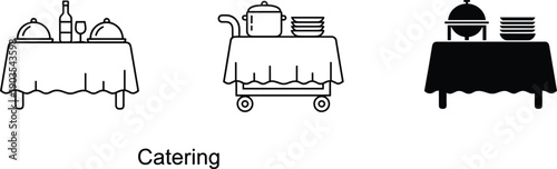 Catering service icons with buffet table food trolley and covered dishes minimal black outline vector illustration set