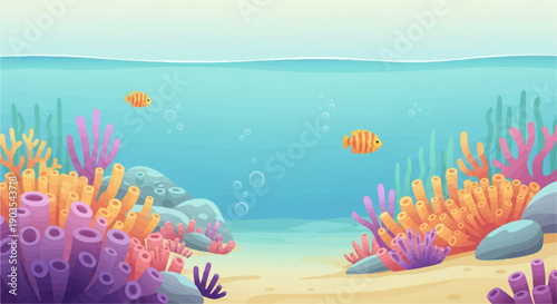 Vibrant underwater scene with coral, fish, rocks, and seaweed