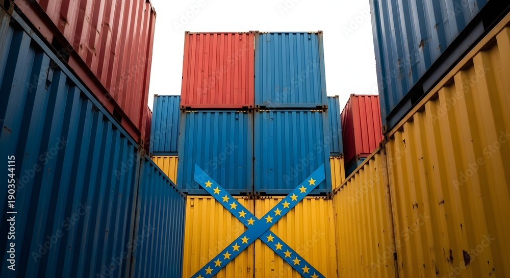 Fototapeta premium Colorful Shipping Containers Stacked High at a Port Facility for International Trade