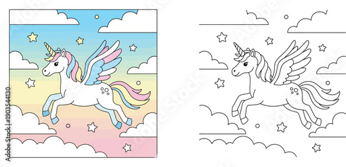 Flying Pegasus Unicorn in the Sky with Clouds and Stars Coloring Book Page for Kids, Cute Mythical Creature Illustration with Colored Reference and Outline Vector Set