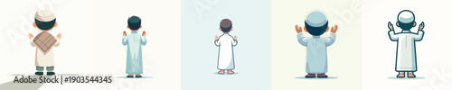 vector of a little Muslim boy standing in a praying gesture back view