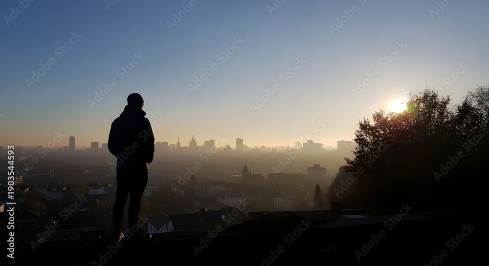 Fototapeta premium A man stands on a hill overlooking a city skyline during a serene sunset.