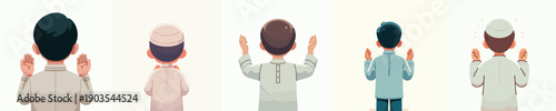vector half body of a little Muslim boy a praying gesture back view