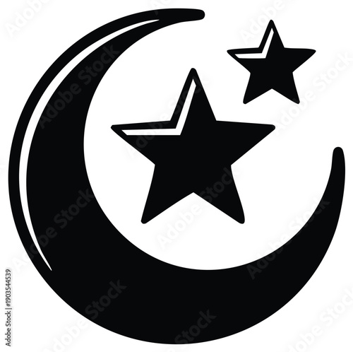 Crescent Moon and Stars Night Sky Black Silhouette Symbolic Illustration