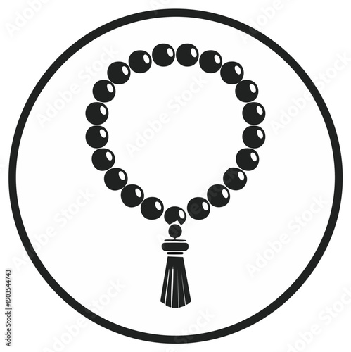 Buddhist prayer beads mala with tassel in circle icon symbol