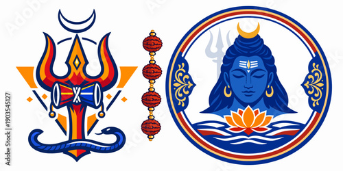 Vibrant composition featuring Shiva’s trident, drum, crescent moon, and serene face, representing the union of power, wisdom, peace, and divine energy through sacred geometric symbolism