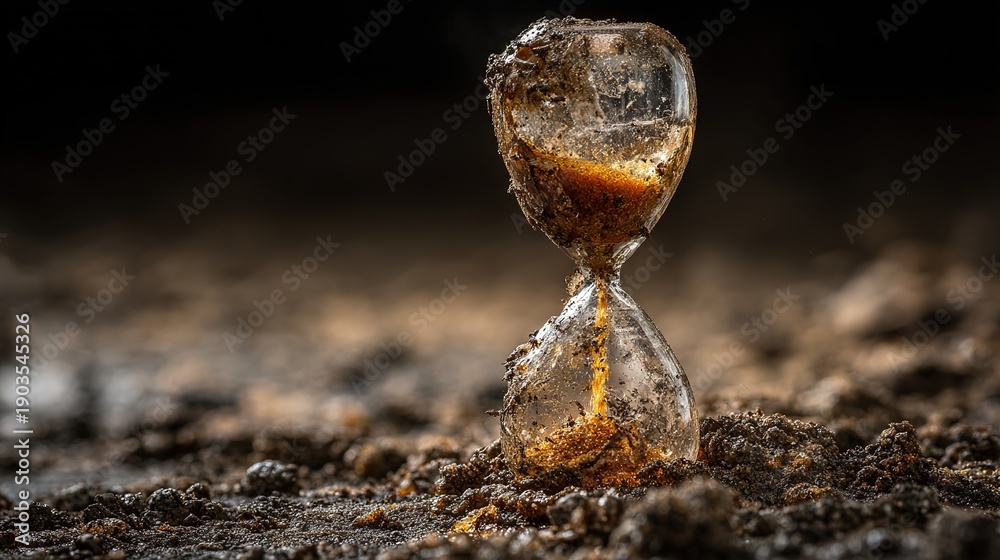 Fototapeta premium A broken hourglass with sand spilling out, symbolizing the unseen struggles of poverty.