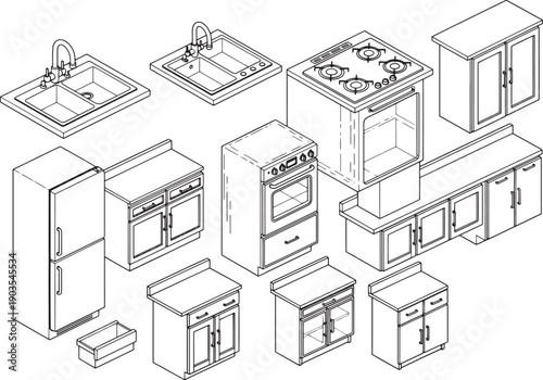 An Isometric view of kitchen furniture for creating a design concept. The elements are arranged against an uncluttered backdrop.