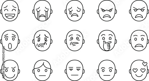 Collection of simple black and white outline icons depicting various human facial expressions like happiness sadness anger confusion and love for interface design