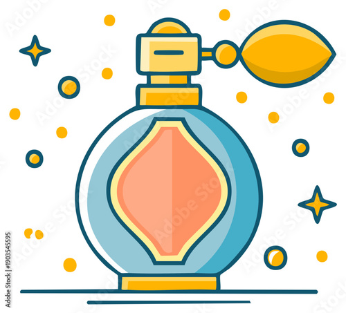 Illustration of a Stylish Perfume Bottle with Decorative Accents and Spritzer, Vector Art