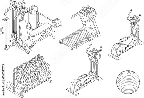 Collection of fitness machines and equipment, perfect for depicting a modern exercise space. Representing various fitness machines and gears in the modern age.