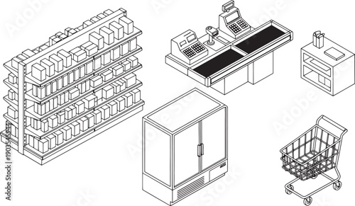A store with merchandise, cash register, cooling unit, shopping cart.