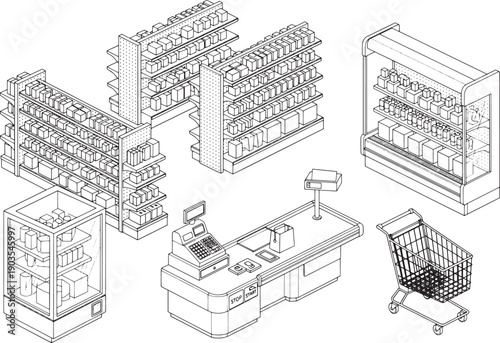 A detailed isometric illustration showcases a modern supermarket's interior and essential elements.