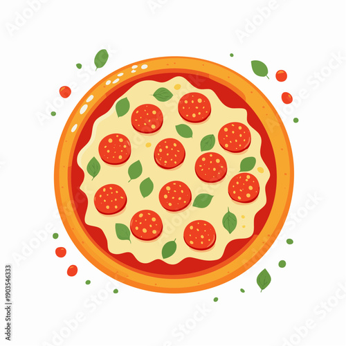 Appetizing Flat Design Illustration of a Classic Whole Pepperoni Pizza, Generously Topped with Zesty Salami Slices, Melted Cheese, and Fresh Green Basil, Evoking Delicious Italian Cuisine