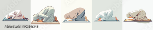 vector of a Muslim woman praying with a prostrate gesture side view