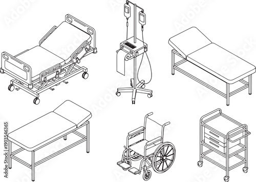 Hospital Equipment Line Art: Featuring medical beds, IV stand, and wheelchair with illustrative detail, a perfect resource for healthcare design.