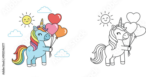 Cute Cartoon Unicorn Holding Heart Balloons with Rainbow Mane, Coloring Page and Colorful Vector Illustration for Kids Education Activity and Creative Fun