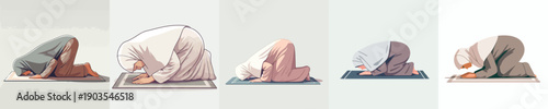 vector of a Muslim woman praying with a prostrate gesture side view