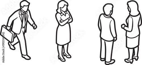 Illustration of business professionals engaged in diverse activities, from a person walking to people standing and conversing, against a background