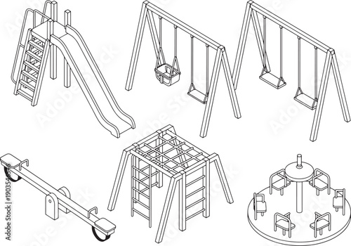 An array of playground equipment are depicted, each designed for children's active engagement. Featuring a slide, swings, a seesaw, a climbing frame, and a carousel.