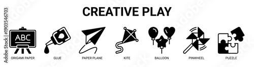 Creative Play web banner icon vector illustration concept with icon of origami paper, glue, paper plane, kite, balloon, pinwheel, and puzzle.